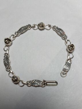 VINTAGE Sterling Silver 925 Feather & Roses Link Bracelet